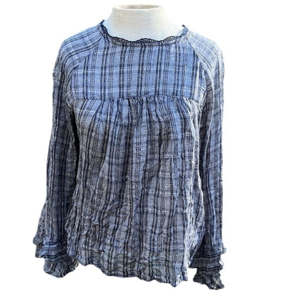 Lucky Brand long sleeve blouse, gray/blue stripes, keyhole back, medium